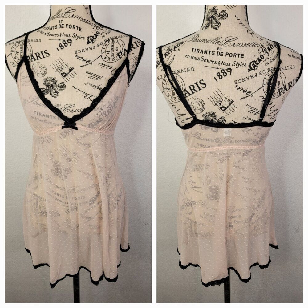 Hanky Panky Chemise Dress Medium Seer Mesh Lace Trim Fairy Polka Dots Pink